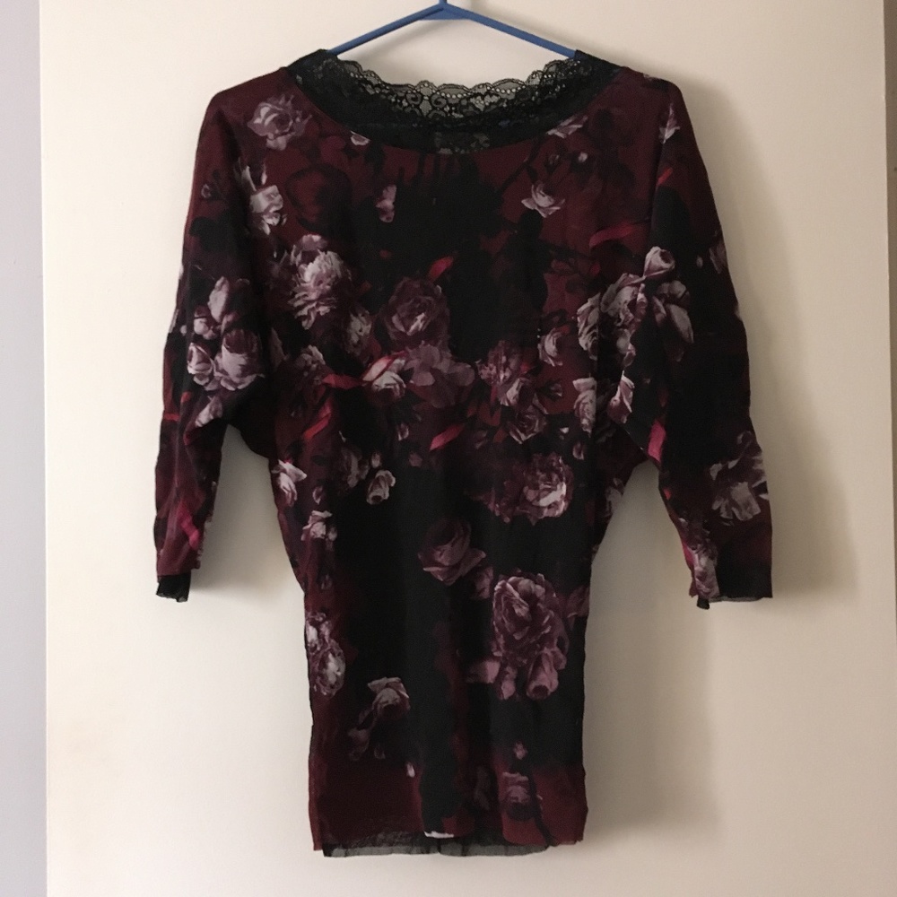 FUZZI  JEAN PAUL GAULTIER Mesh Burgundy + Black Floral Lace Trim Top S